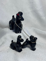 Vtg MCM Red Clay? Painted Black Mama Poodle With 2 Pups One On Chain - £28.02 GBP