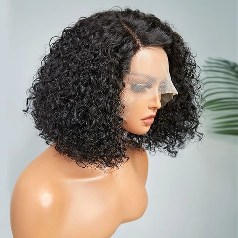 Short Kinky Curly Bob Human Hair Wig Pre Plucked T Part Lace Peruvian Cur - £48.83 GBP+