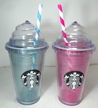 Starbucks 2009 Coffee Acrylic Cold Cups Blue &Pink Tumbler 16 oz Swirl Lid , New - $185.45
