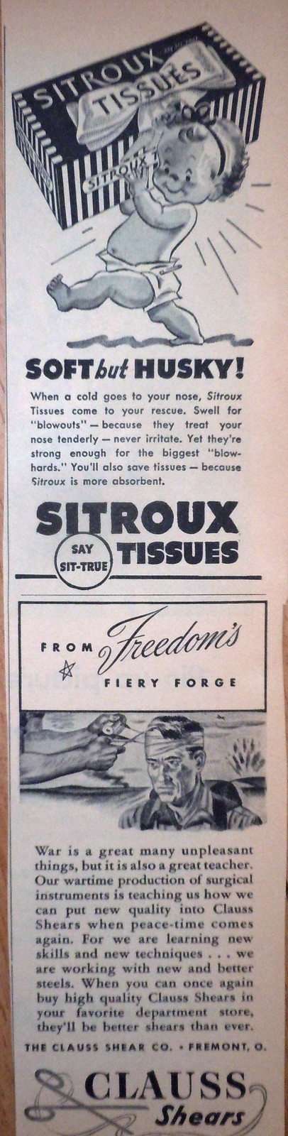 Sitroux Tissues &amp; Clauss Shears Small Magazine Advertising Print Ad Art ... - $3.99