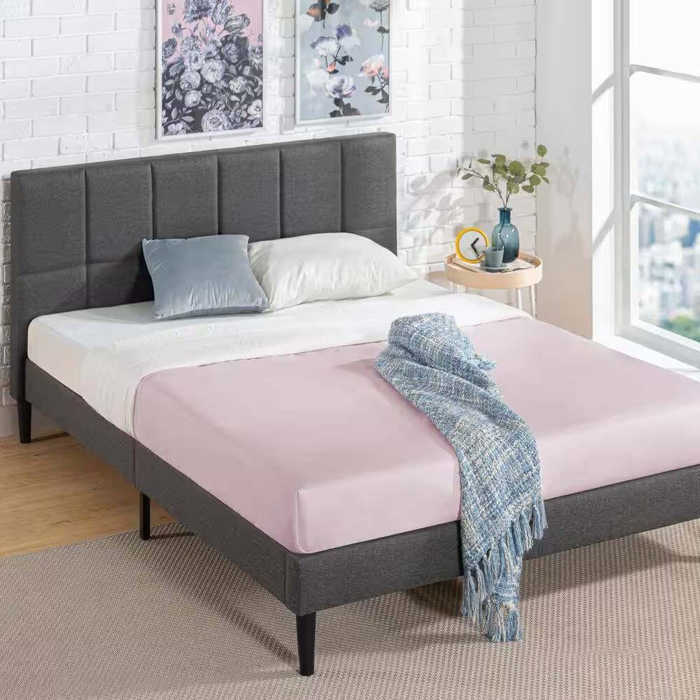 Full Size Grey Upholstered Platform Bed Padded Headboard Item image 4