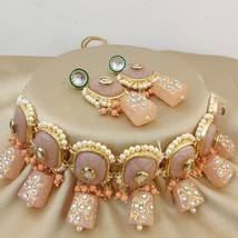 Indian Bollywood Style Gold Plate Kundan Choker Necklace Peach Jewelry Set - £37.35 GBP