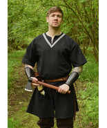 Viking Short-Sleeve Tunic – Brown, Braided Trim, Split Neck, Cotton - $1,476.32 MXN