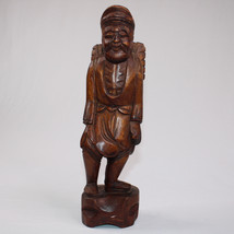 Vintage Wooden Hand Carved Tribal Figure Asian Oriental Man With Backpac... - $13.55