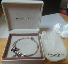 Authentic PANDORA Bracelet with Charms &amp; Box 7.3/8&quot; Long - £272.56 GBP