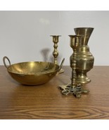 Vintage Brass Lot Trinket Dish Vase And 2 Candle Holders Ornate - £13.86 GBP