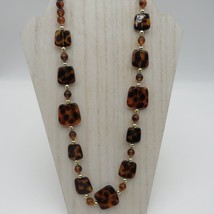 Vintage Necklace Faux Tortoise Shell Beads Round Square Lucite 30&quot; Gold ... - £23.48 GBP
