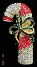 CHRISTMAS CANDY CANE BROOCH PIN BEAUTIFUL RED WHITE and GREEN RHINESTONE - $19.99