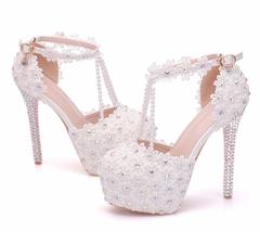 White Flowers Pearl Tassel Bridal Super High Heels Slender Lace  Wedding Shoes P - £69.38 GBP