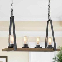 Farmhouse Wood Island Chandelier 4-Light Brushed Black Linear Rustic Pendant - £75.14 GBP