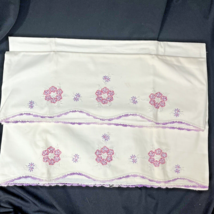 2 Hand Embroidered Standard Pillow Cases Set Floral Flowers GrannyCore Vintage - $15.95