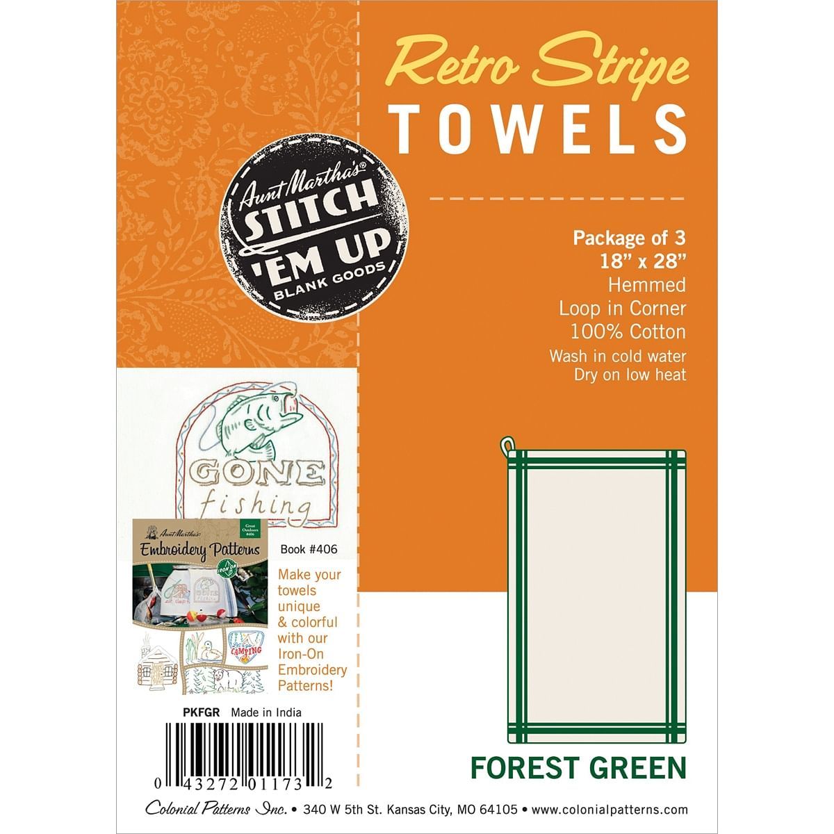 Aunt Martha s Stitch Em Up Retro Stripe Towels 18 X28 inch 3 Pk Forest G... - $55.99