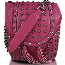 Women PU Leather Backpacks Skull Rivet Tassel Barrel-shaped Shoulder Bag - £55.92 GBP