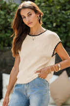 Beige Contrast Trim Boxy Fit Knit Short Sleeve Sweater Top - $14.10
