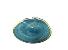 Murano Style Aqua Blue Art Glass Bowl Candy Dish Clear Trim Around Rim 9... - $39.60