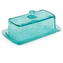 Pioneer Woman Adeline Turquoise Butter Dish Embossed Pressed Glass Kitch... - £18.28 GBP