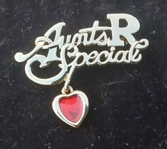 Aunts R Special Lapel Pin Brooch w Heart Charm Gold Plated 2.25x2 A.J.C. - $12.64