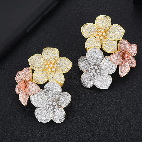NEW Trendy Luxury Flowers Cluster Stud Earrings For Women Wedding Cubic ... - $50.60