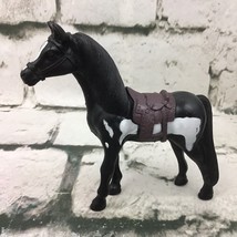 2.5” Horse Figure Black White Spotted Pony With Saddle PVC Animal Toy - £4.66 GBP