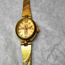 Exquisite Vintage Avon stainless steel gold cross watch~Rhinestones on C... - $35.64