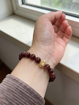 Natural Red Rutilated Quartz Bracelet 10mm Gold Pearl Bead Stretch Healing - $55.00