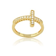 Sterling Silver CZ Sideways Cross Ring - Gold Plated - £49.36 GBP