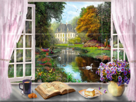 country castle flower garden pond swan window view ceramic mural backsplash - £47.47 GBP+