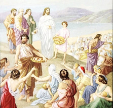 1922 Jesus Feeds 5000 Color Plate Art Print Bible Story Christian Vintag... - $29.99