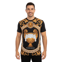 Mens PLATINI Sports Shirt With Rhine Stones Lion Medallion Chain SS3560 Black image 6
