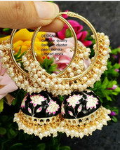 Indian Bollywood Pearl Black Enameled jhumkas Earrings Women Bridal Jewelry Set - £22.33 GBP