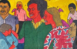 Vintage 1980 Watercolor &amp; paper cutouts Untitled Crowd Scene ED / ESG - £76.44 GBP