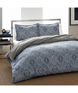 Full / Queen Cotton Comforter Set with Grey Blue Damask Pattern - $344.78 CAD