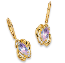 Marquise Cut Aurora Borealis Crystal Loop Earrings 14K Gold Lever Back - £78.65 GBP