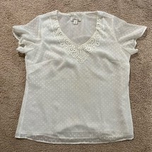 COLDWATER CREEK - WOMEN&#39;S XL (16)WHIITE V NECK LACE POLKA DOT APPLIQUE T... - $16.83