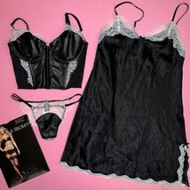 Victoria&#39;s Secret Longline 32C Bra Set+Panty+Slip Black White Lace Faux Leather - £197.83 GBP