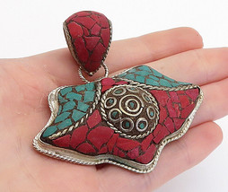 925 Sterling Silver - Vintage Antique Turquoise &amp; Coral Drop Pendant - PT6063 - £92.79 GBP