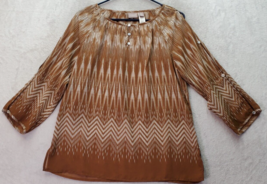 Chico&#39;s Blouse Womens Size 0 Brown Aztec Sheer Cold Shoulder Sleeve Butt... - £16.59 GBP