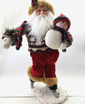 Santa with Snowman Ice Skating Christmas Figurine 18&quot; Large resin &amp; cloth - £15.80 GBP
