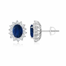 Blue Sapphire Oval Stud Earrings For Women with Diamond in 14K Gold (AA, 7x5MM) - £1,608.09 GBP