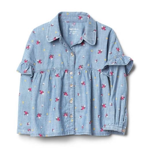 Gap Kids Girls Denim Chambray Ruffled Floral Blue Long Sleeve Button Shirt 12 - $24.70