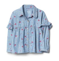 Gap Kids Girls Denim Chambray Ruffled Floral Blue Long Sleeve Button Shi... - $24.70