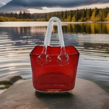 Art Glass Hand Blown Decorative Handled Purse Handbag Red Vase Planter Gift - $371.47 MXN