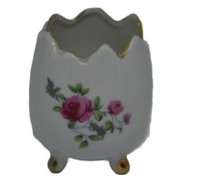 Vintage Cracked Egg Vase Planter Ceramic Pink Rose Floral 3 Footed 3.25&quot; Trinket - £9.90 GBP