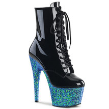 PLEASER Sexy 7&quot; Heel Stripper Blue Glitter Platform Lace Up Black Ankle Boots - £84.95 GBP