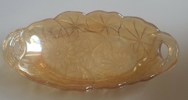 Oval Candy Dish, Amber, Carnival Glass, Lovely Dahlia Flowers or Sunflowers - £9.57 GBP
