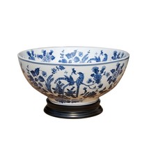 Oriental Blue and White Porcelain Bird Motif Bowl 14&quot; Diameter with Stand - £197.83 GBP