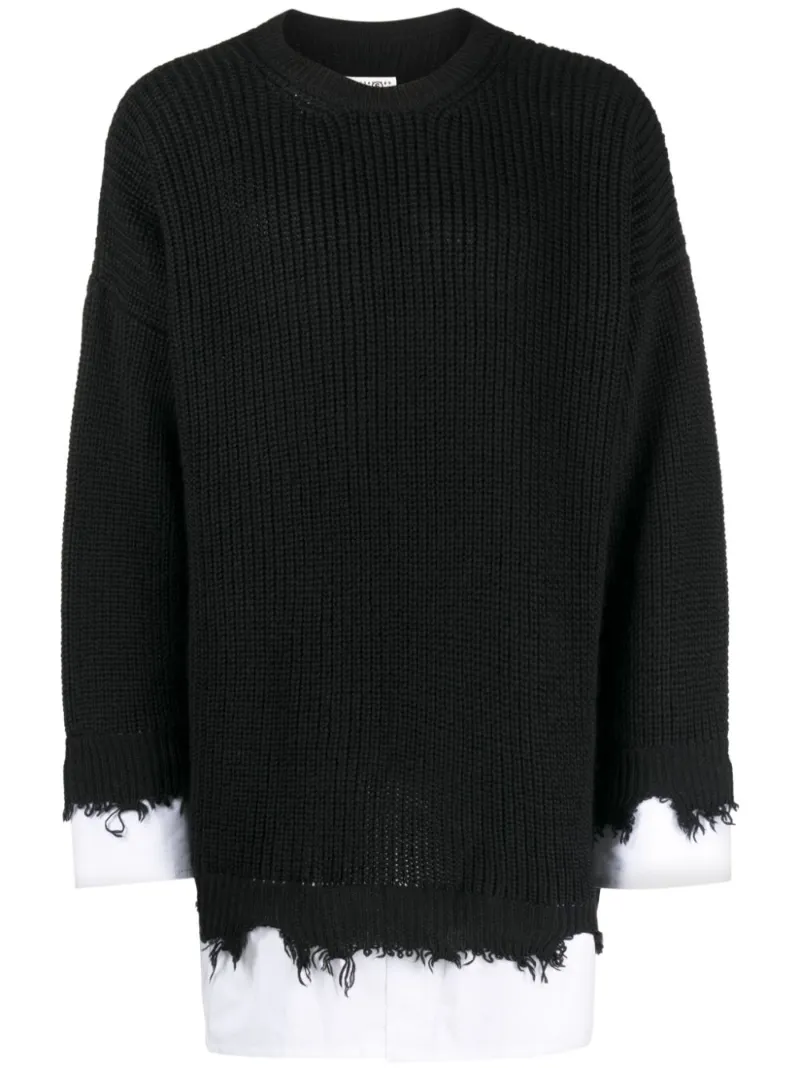 MM6 Maison Margiela Mens Wool Blend Layered Waffle-Knit Sweater Black-Large - $288.99