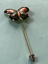 Vintage Black Enamel w Pink Flowers Cloisonne BUTTERFLY Goldtone Lapel Stick Pin - £7.49 GBP