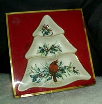 Lenox Christmas Divided Serving Dish Cardinal Holly Bush Tree Shaped Gol... - $24.74