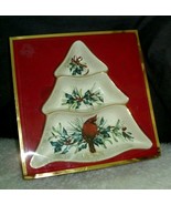 Lenox Christmas Divided Serving Dish Cardinal Holly Bush Tree Shaped Gol... - $24.74